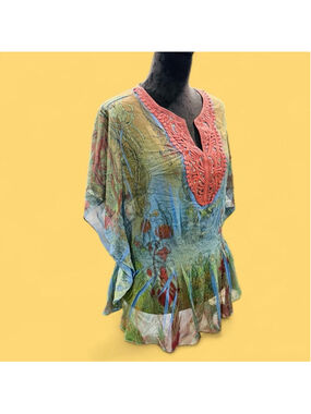 Wrangler Sheer Boho Tunic Top Large Floral Paisley Crochet Neck Peasant